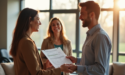 Agent immobilier remettant un certificat DPE à un couple souriant dans un salon lumineux