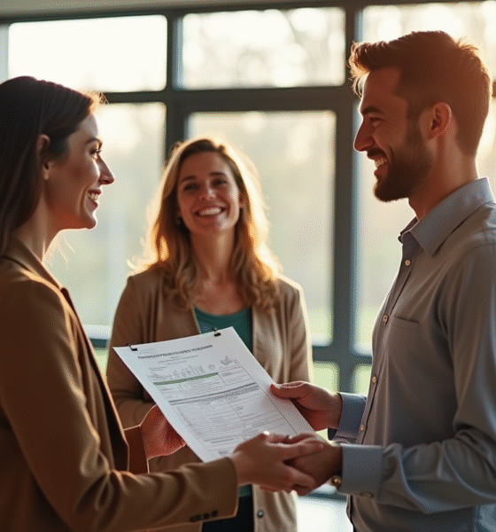 Agent immobilier remettant un certificat DPE à un couple souriant dans un salon lumineux