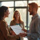 Agent immobilier remettant un certificat DPE à un couple souriant dans un salon lumineux