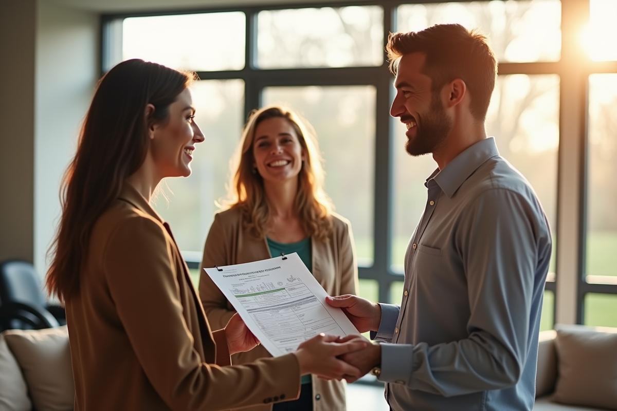 Agent immobilier remettant un certificat DPE à un couple souriant dans un salon lumineux