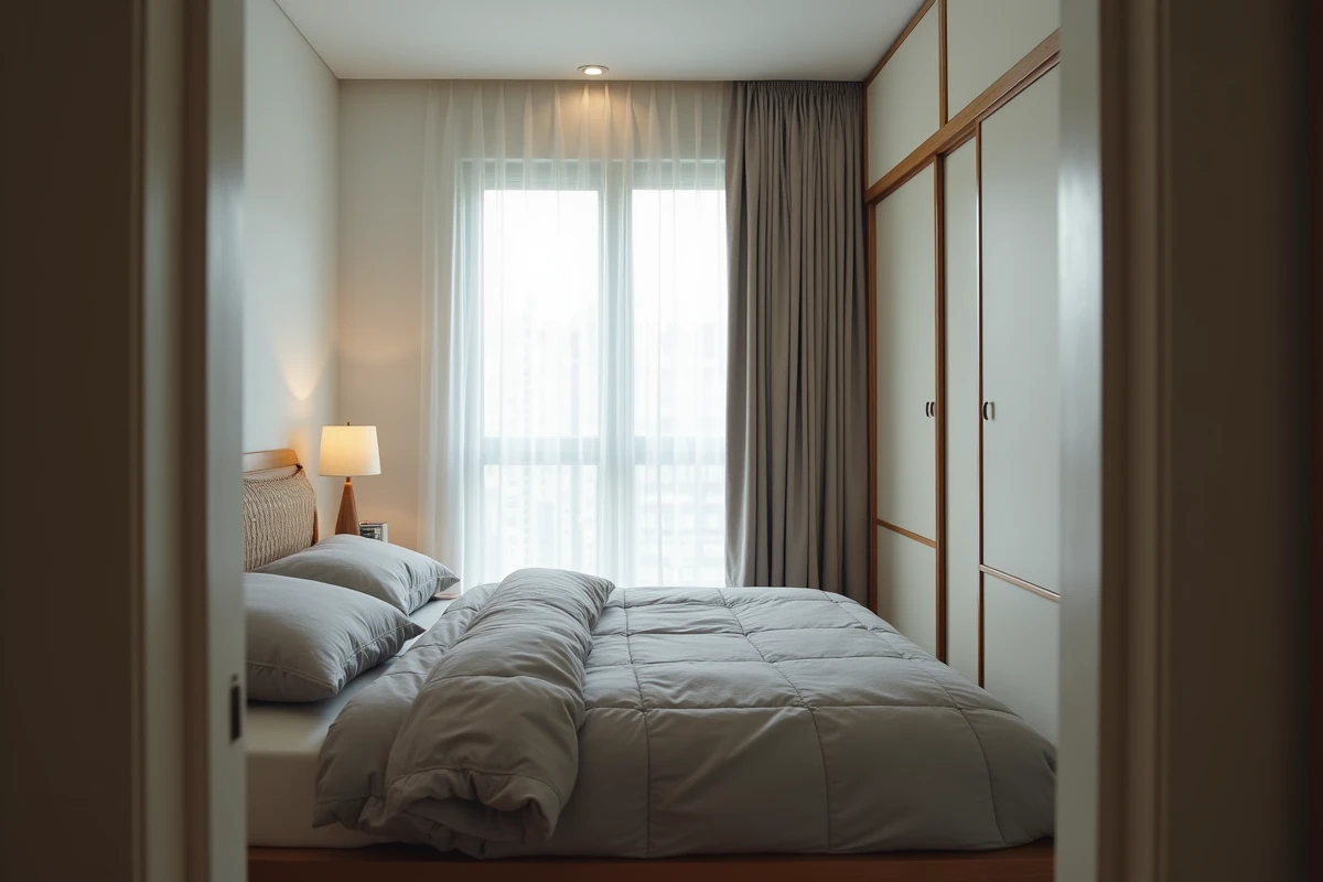 Chambre simple et bien aménagée d'une maison plain-pied en location avec lit double et rangements intégrés