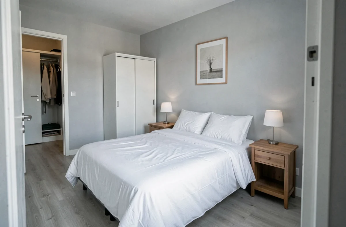 Chambre meublée et équipée pour location avec lit double, tables de chevet assorties et armoire dans un appartement français