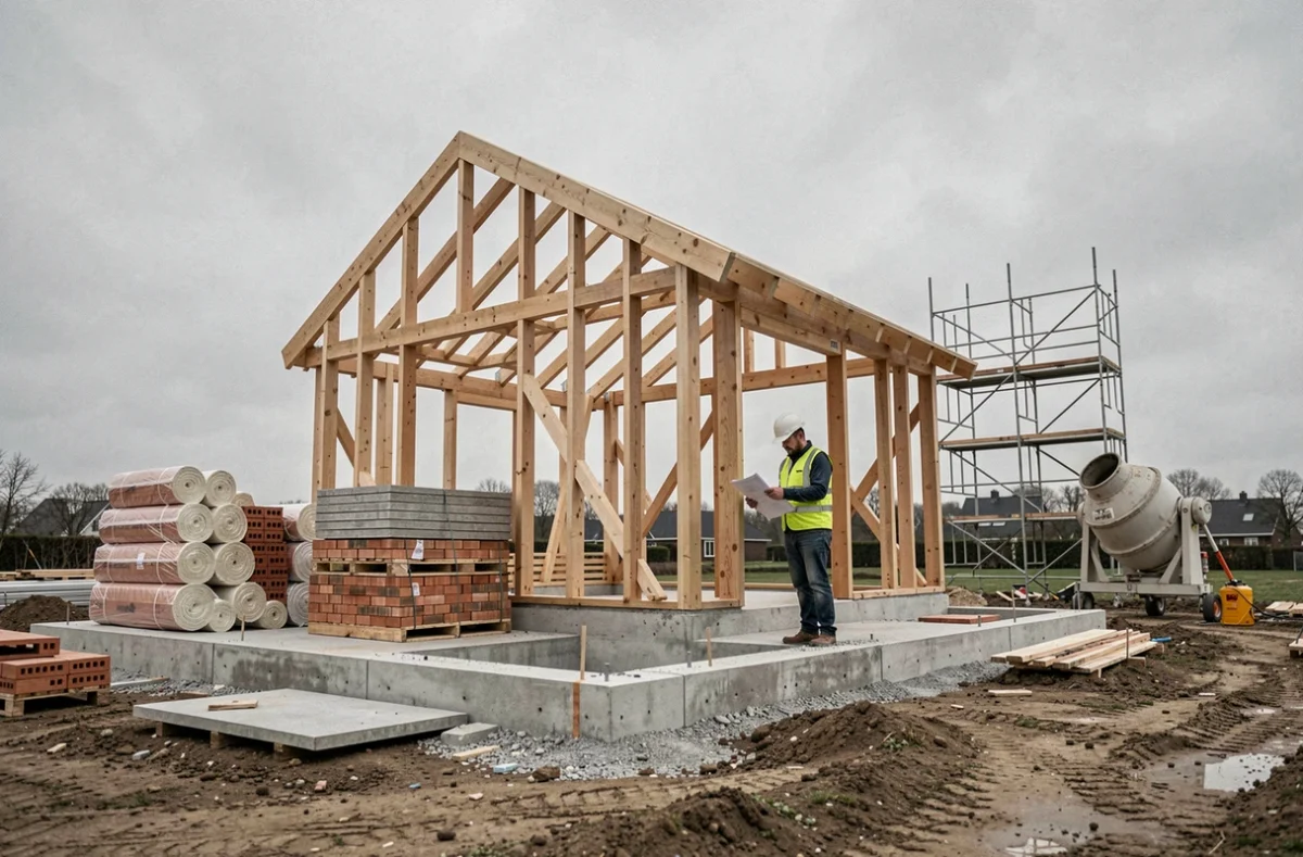 Chantier de construction d'un pavillon en cours avec charpente bois, ouvrier en gilet haute visibilité et matériaux de construction sur site