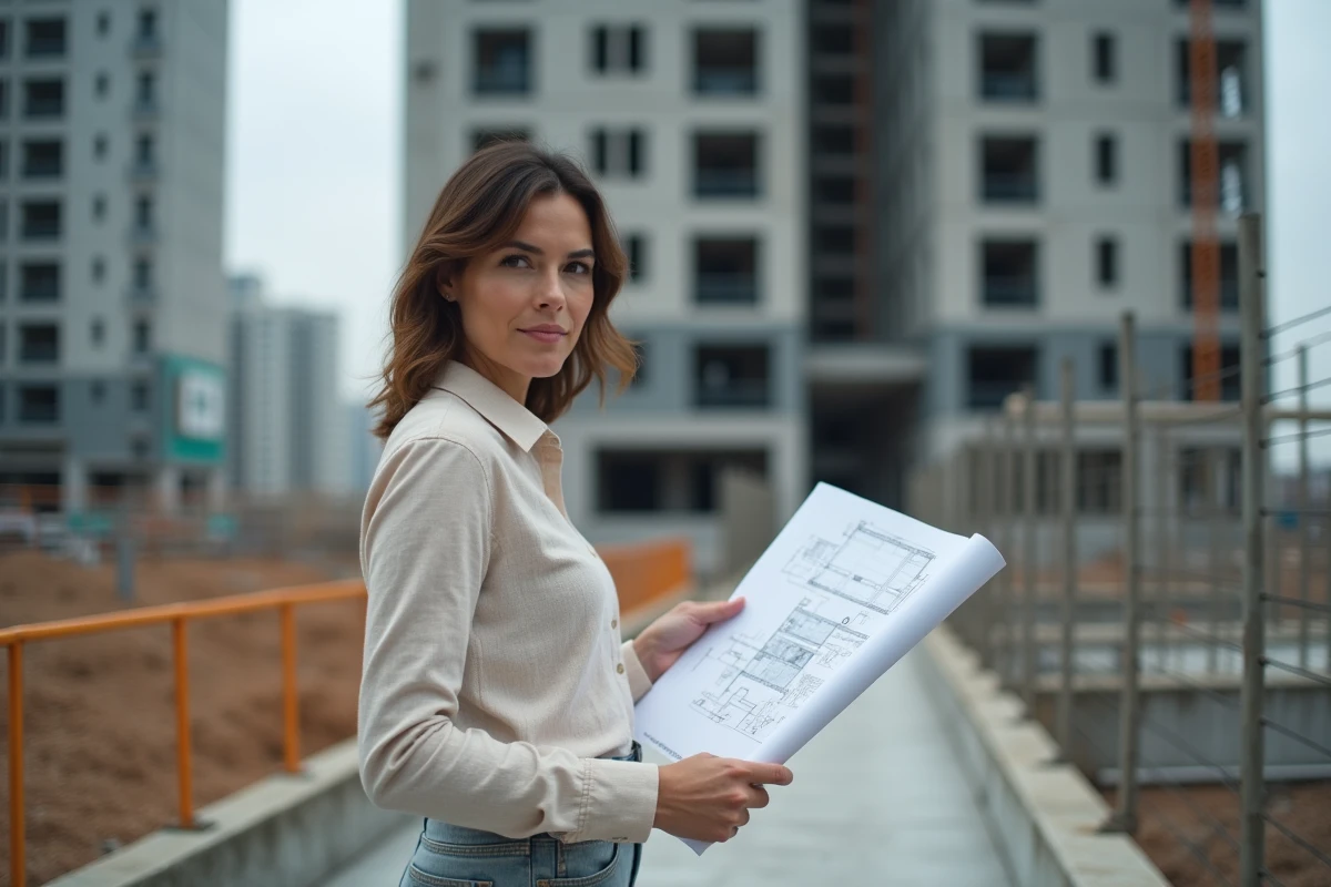 Femme professionnelle étudiant des plans sur un chantier de construction immobilière neuve en ville