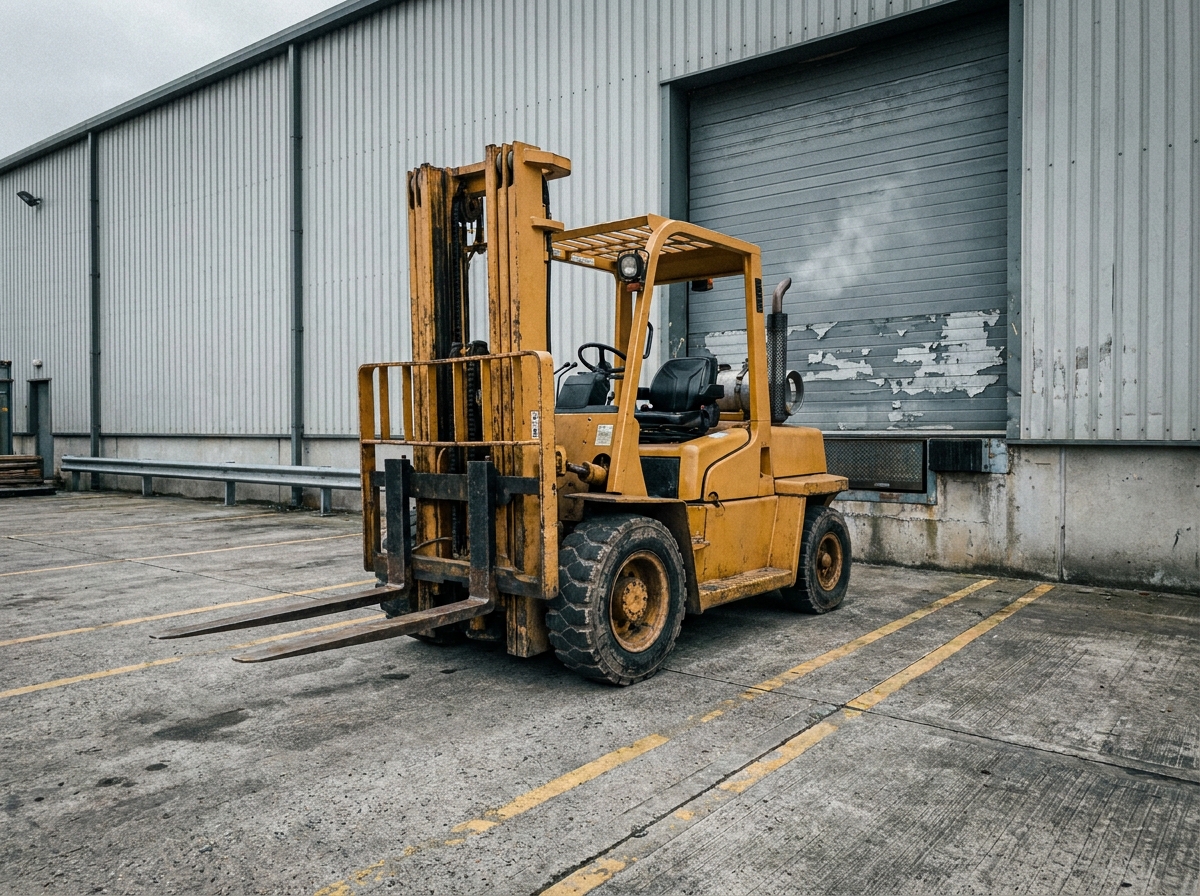 Chariot élévateur diesel frontal stationné devant un quai de chargement dans une cour logistique extérieure