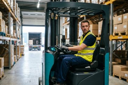 Opérateur sur un chariot élévateur électrique frontal dans un entrepôt industriel avec rayonnages à palettes