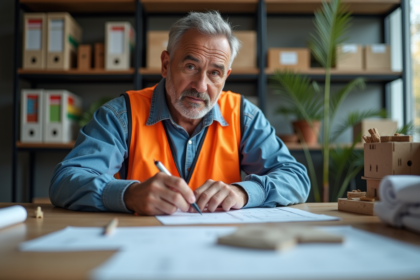 Chef de chantier en intérieur examine des papiers de chantier