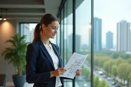 Femme professionnelle consultant un plan de bureau dans un open space moderne avec vue sur un quartier d'affaires urbain à Issy-les-Moulineaux
