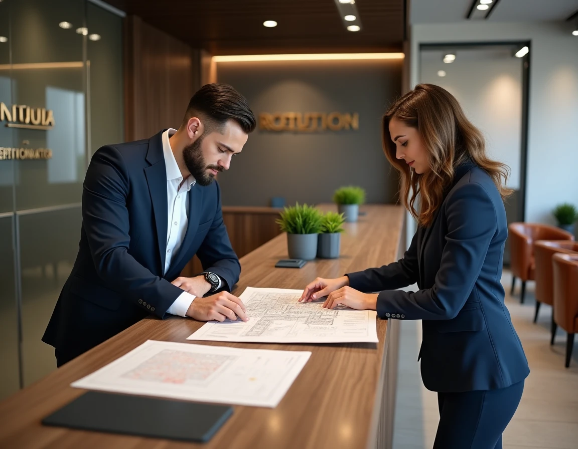 Clercs de notaire aidant un client à consulter un plan cadastral pour un achat immobilier