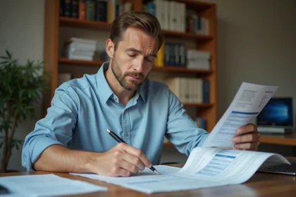 Homme en train de comparer des documents d'assurance emprunteur et de crédit immobilier à son bureau