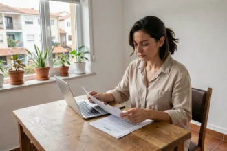 Femme comparant des offres d'assurance habitation sur son bureau à Saint-Denis