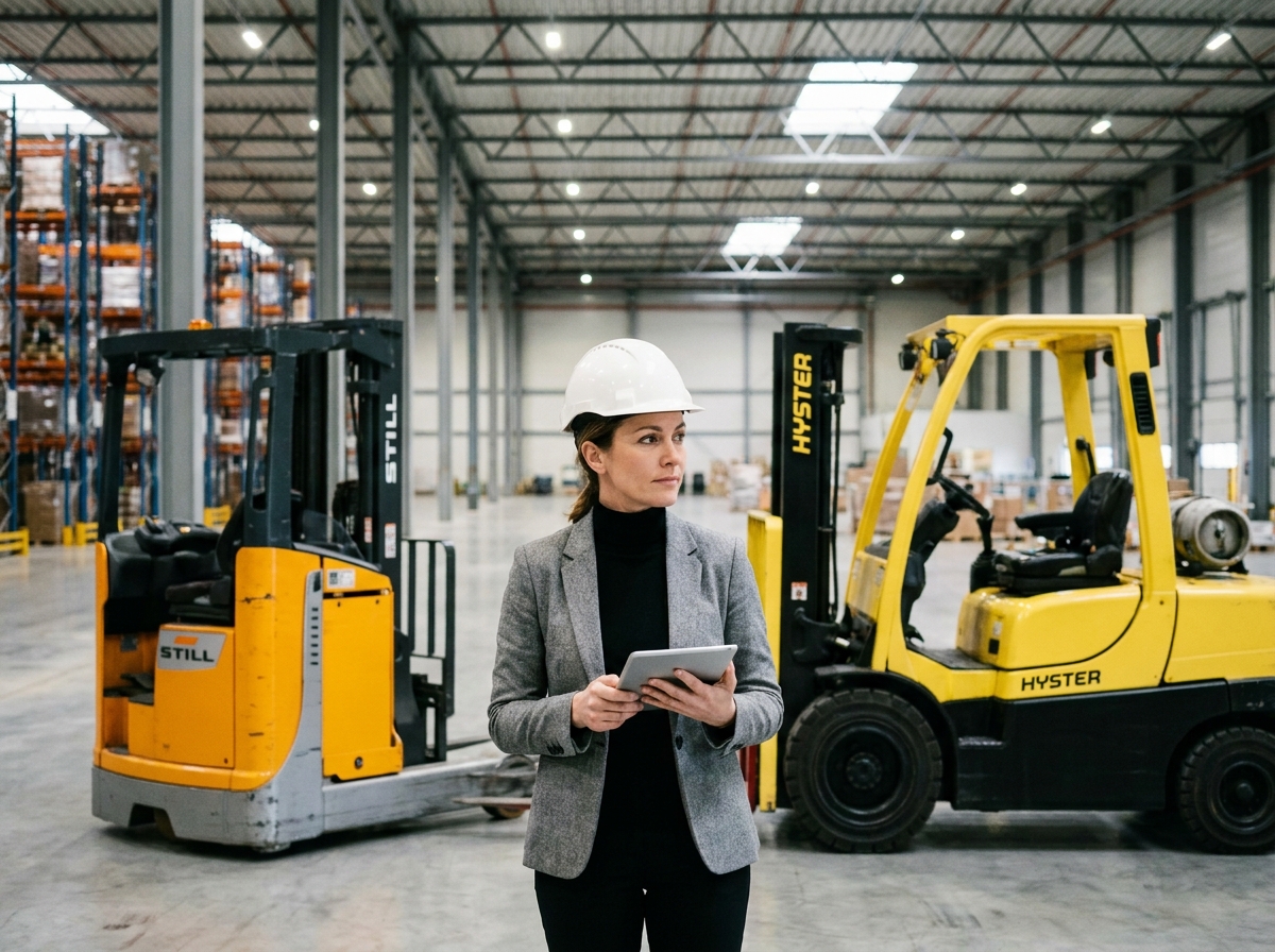 Responsable logistique comparant un chariot élévateur électrique et diesel dans un entrepôt de distribution