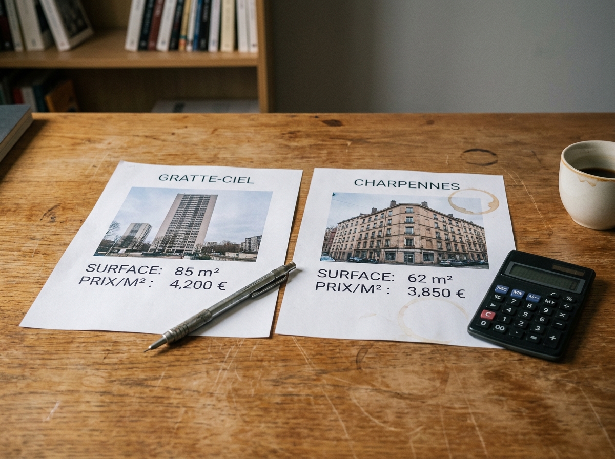 Comparaison de fiches de prix immobiliers des quartiers Gratte-Ciel et Charpennes posées sur un bureau avec calculatrice et stylo