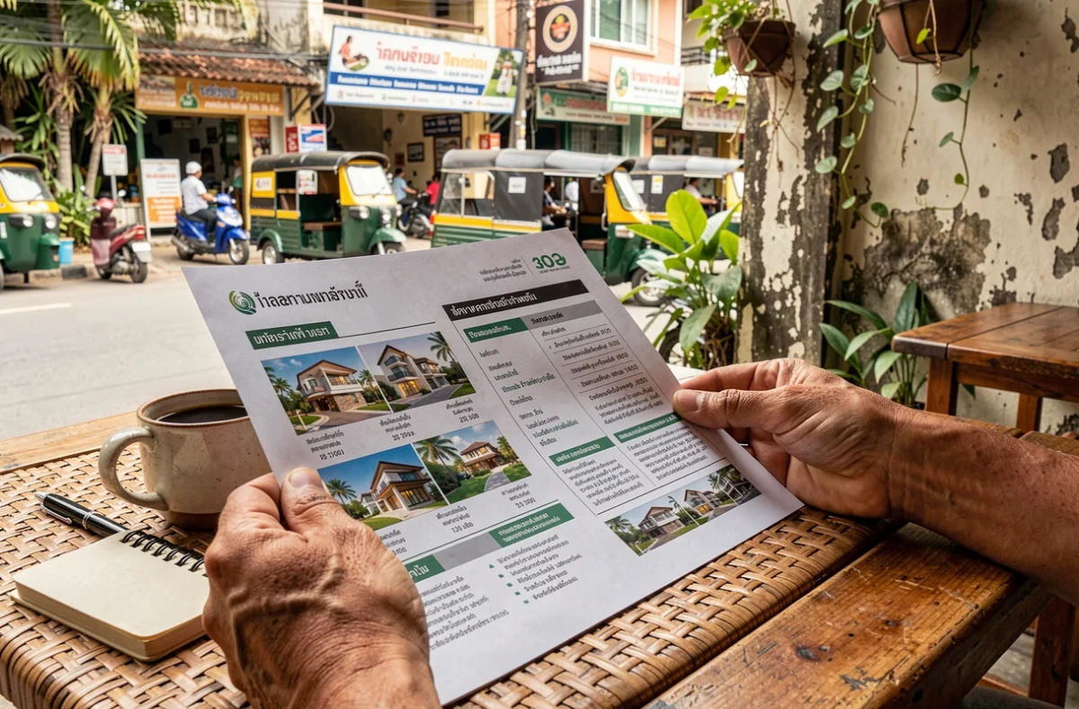 Comparaison de brochures immobilières thaïlandaises entre maison et condo sur une table de café en Thaïlande