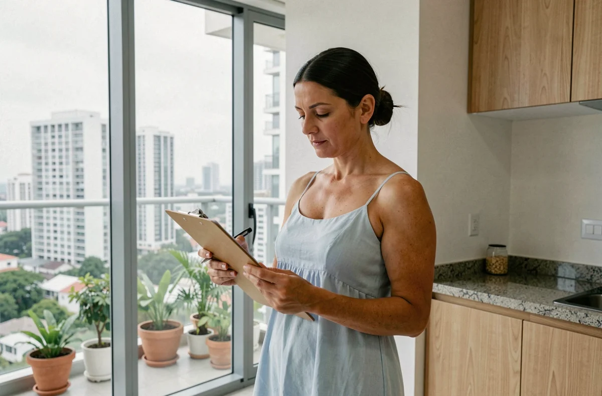 Une femme évalue un condo moderne en Thaïlande avec vue sur la ville pour un premier achat immobilier