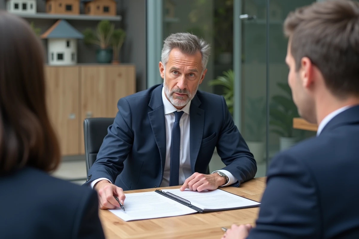Conseiller immobilier et couple examinant un contrat de retour de lot neuf dans un bureau moderne