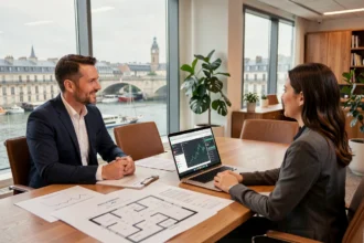 Conseiller immobilier professionnel présentant un projet d'investissement à Lyon à un couple dans un bureau moderne avec vue sur la ville