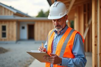 Consultant énergie examine matériaux isolants sur chantier écologique