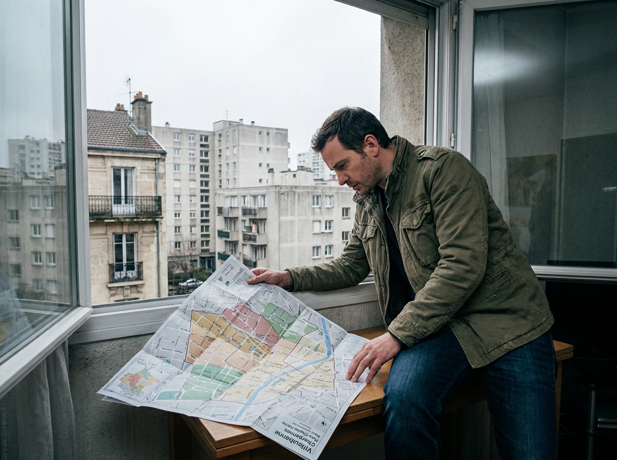 Homme consultant une carte des prix immobiliers du quartier Charpennes depuis une fenêtre avec vue sur les immeubles de Villeurbanne