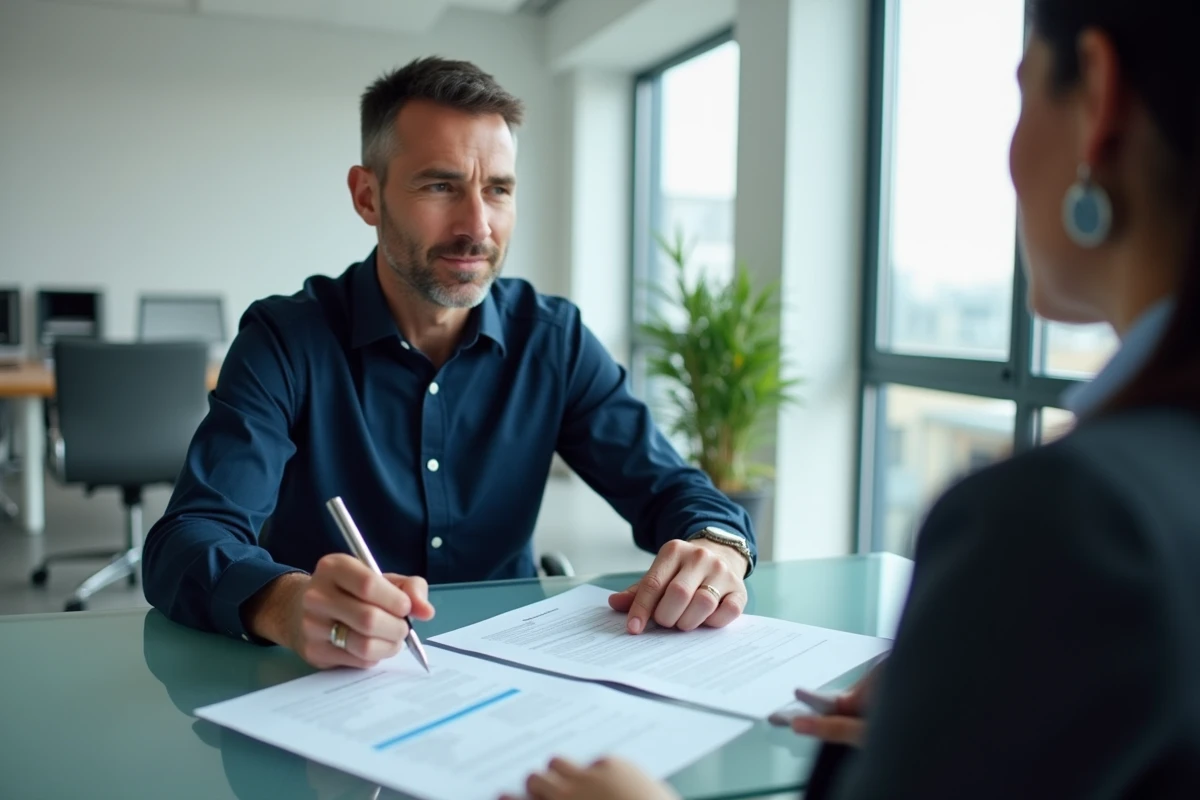 Homme consultant un conseiller administratif pour remplir un formulaire immobilier officiel