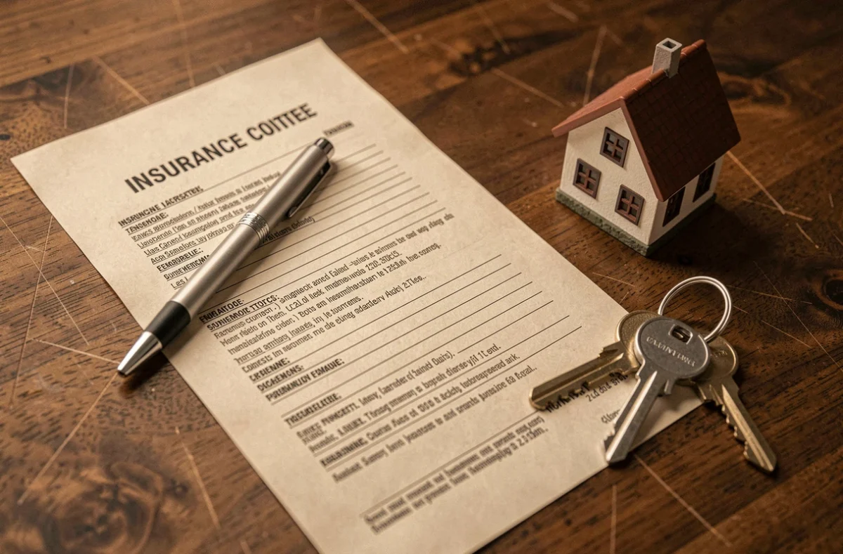 Gros plan sur un contrat d'assurance propriétaire non occupant avec des clés et une figurine de maison sur un bureau en bois