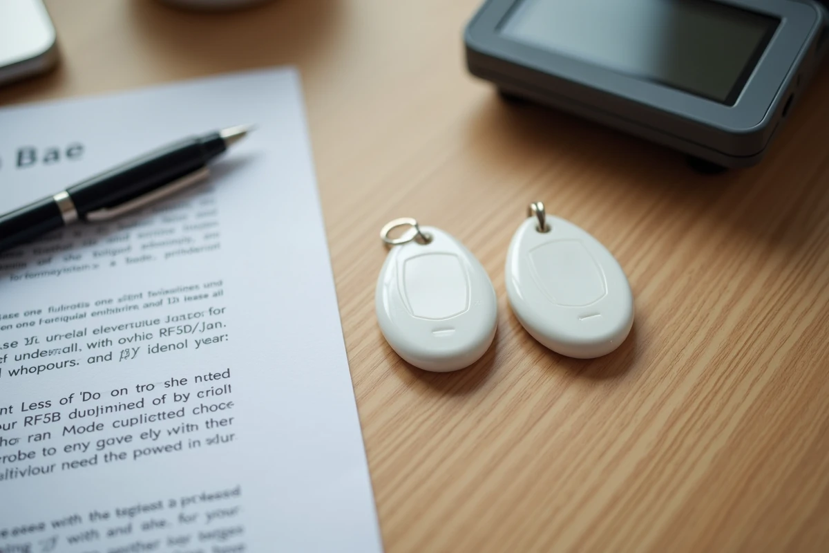 Badge RFID en double posé sur un bureau avec contrat de location et duplicateur électronique