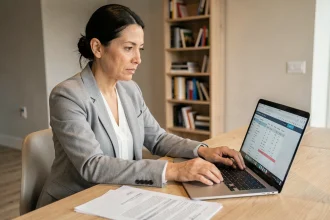 Copropriétaire consultant ses charges de copropriété sur un ordinateur portable via MyNexity dans son appartement moderne