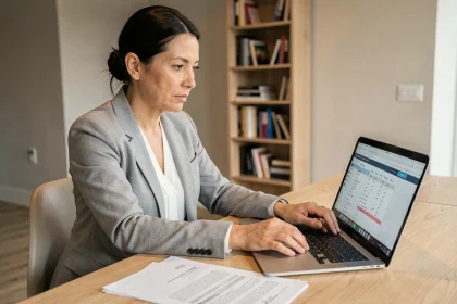 Copropriétaire consultant ses charges de copropriété sur un ordinateur portable via MyNexity dans son appartement moderne