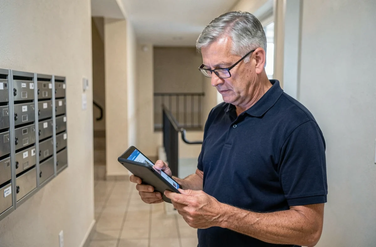 Copropriétaire vérifiant l'avancement des travaux de rénovation sur une tablette dans le couloir de sa résidence