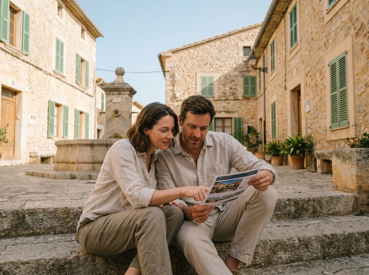 Couple consultant une annonce immobilière sur la place du village de Saint-Martin-de-Londres