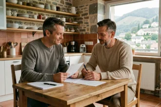 Couple consultant des documents d'assurance habitation dans un appartement de Voiron