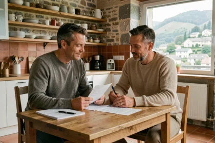 Couple consultant des documents d'assurance habitation dans un appartement de Voiron