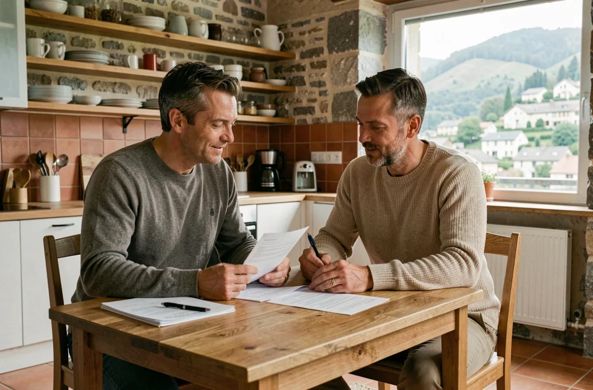 Couple consultant des documents d'assurance habitation dans un appartement de Voiron
