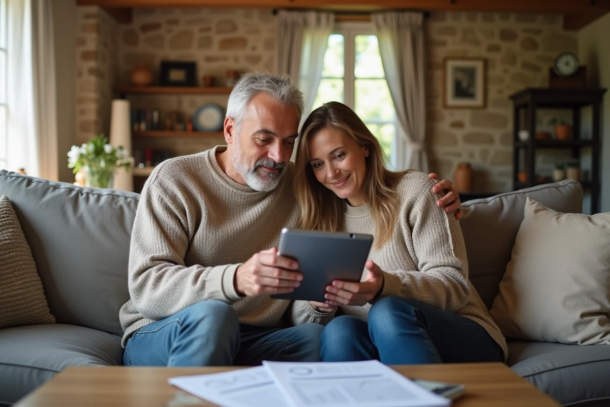 Couple de bailleurs débutants consultant un récapitulatif de revenus locatifs sur tablette dans leur salon