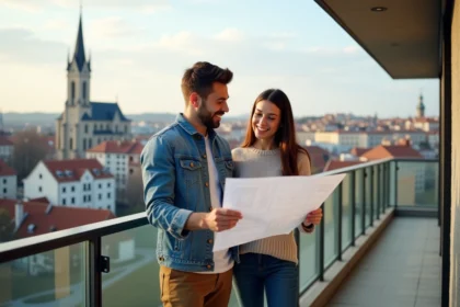 Jeune couple regardant des plans avec la skyline de Lyon