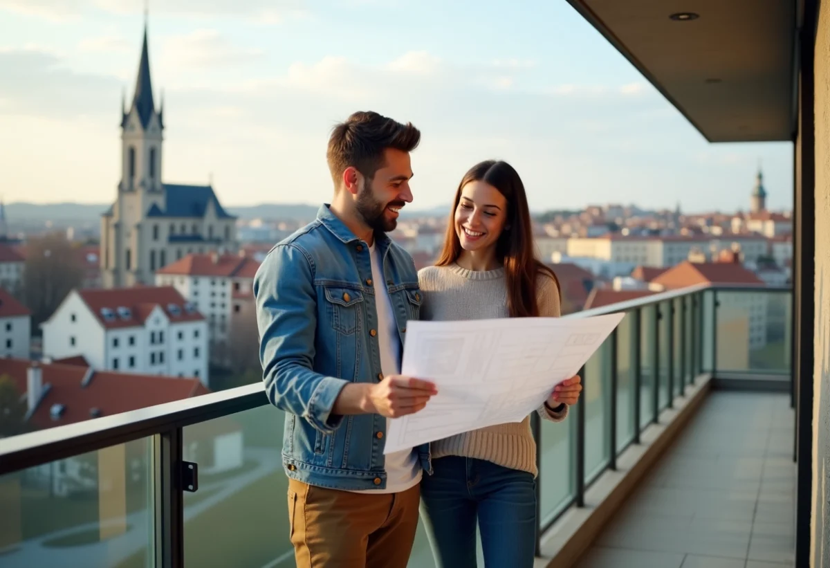 Jeune couple regardant des plans avec la skyline de Lyon