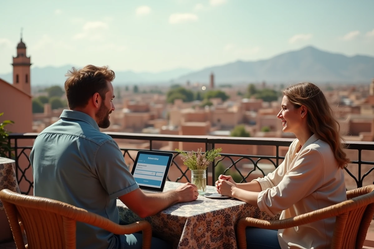 Couple au café sur le toit de Marrakech avec tablette
