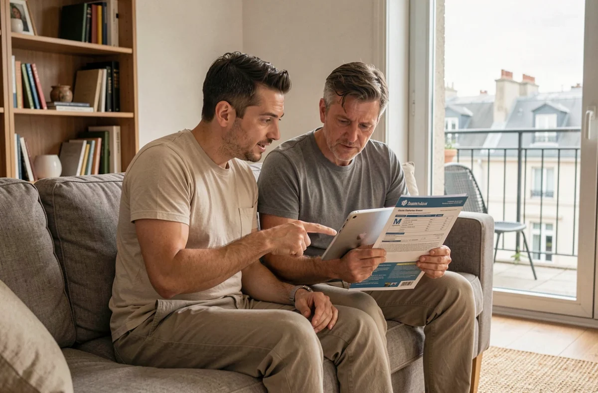 Couple comparant des contrats d'assurance habitation dans leur appartement à Saint-Denis