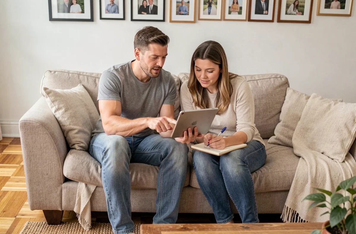 Couple comparant des offres d'assurance habitation sur une tablette dans leur salon