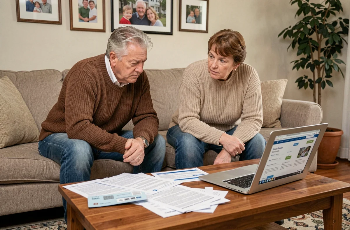 Couple discutant de la hausse de leur assurance habitation autour de documents et d'un comparateur en ligne
