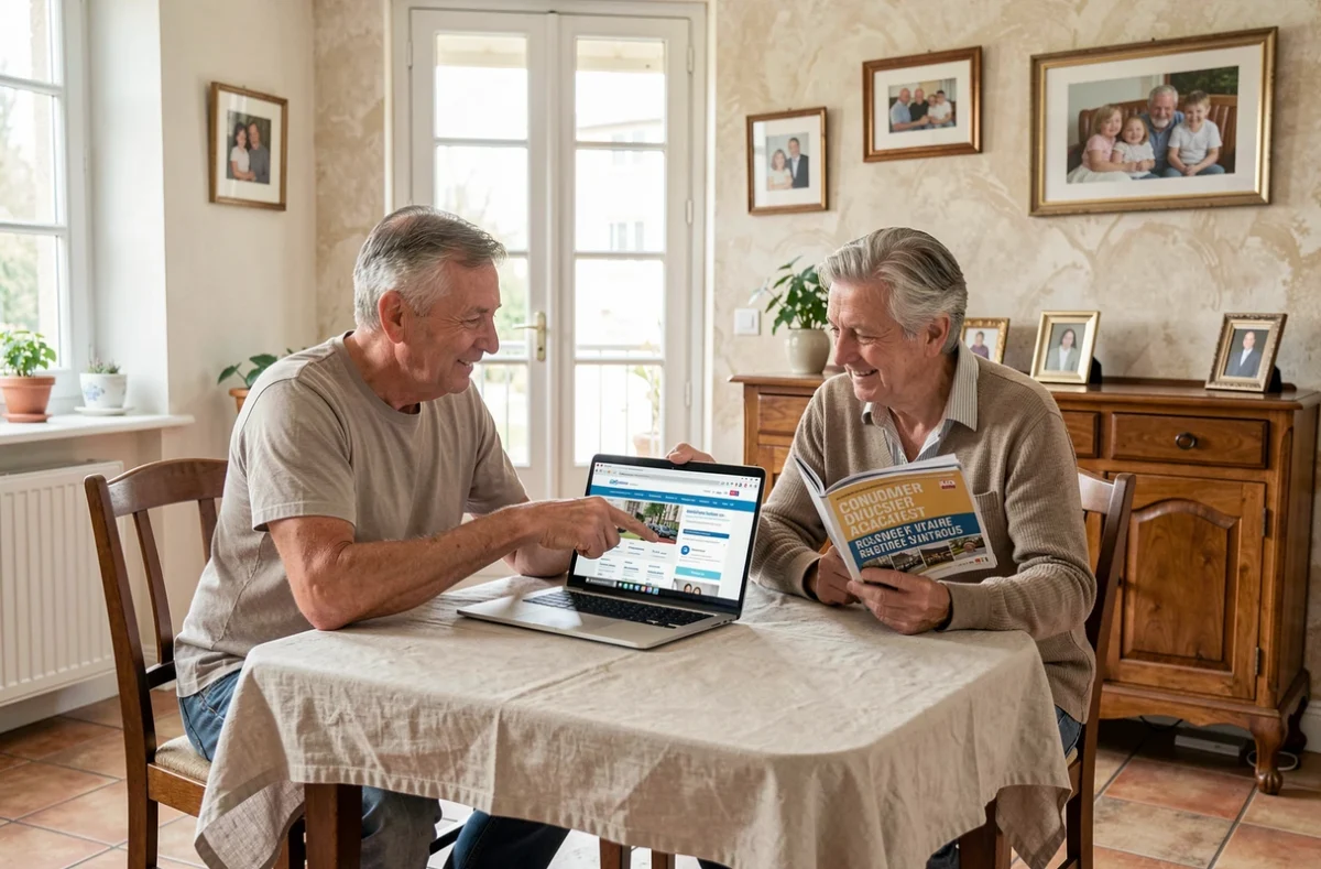 Couple examinant un comparatif 60 millions de consommateurs sur l'assurance habitation avec un ordinateur portable