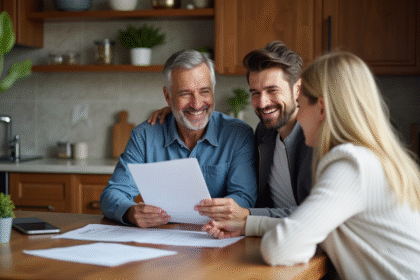 Couple avec conseiller en prêt immobilier dans une cuisine chaleureuse