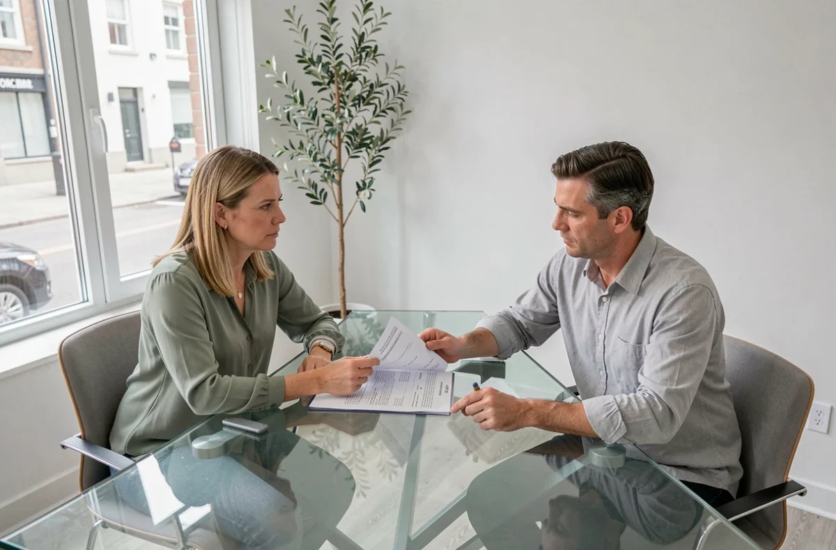 Couple consultant une notaire pour l'estimation de leur résidence principale dans un bureau moderne et lumineux