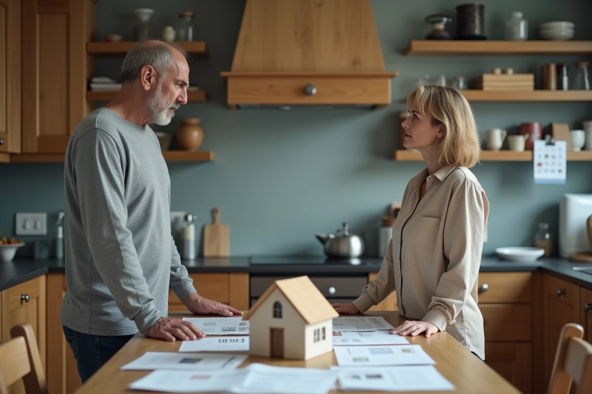 Couple en désaccord autour de documents immobiliers dans une cuisine, illustrant la vente d'un bien immobilier lors d'un divorce