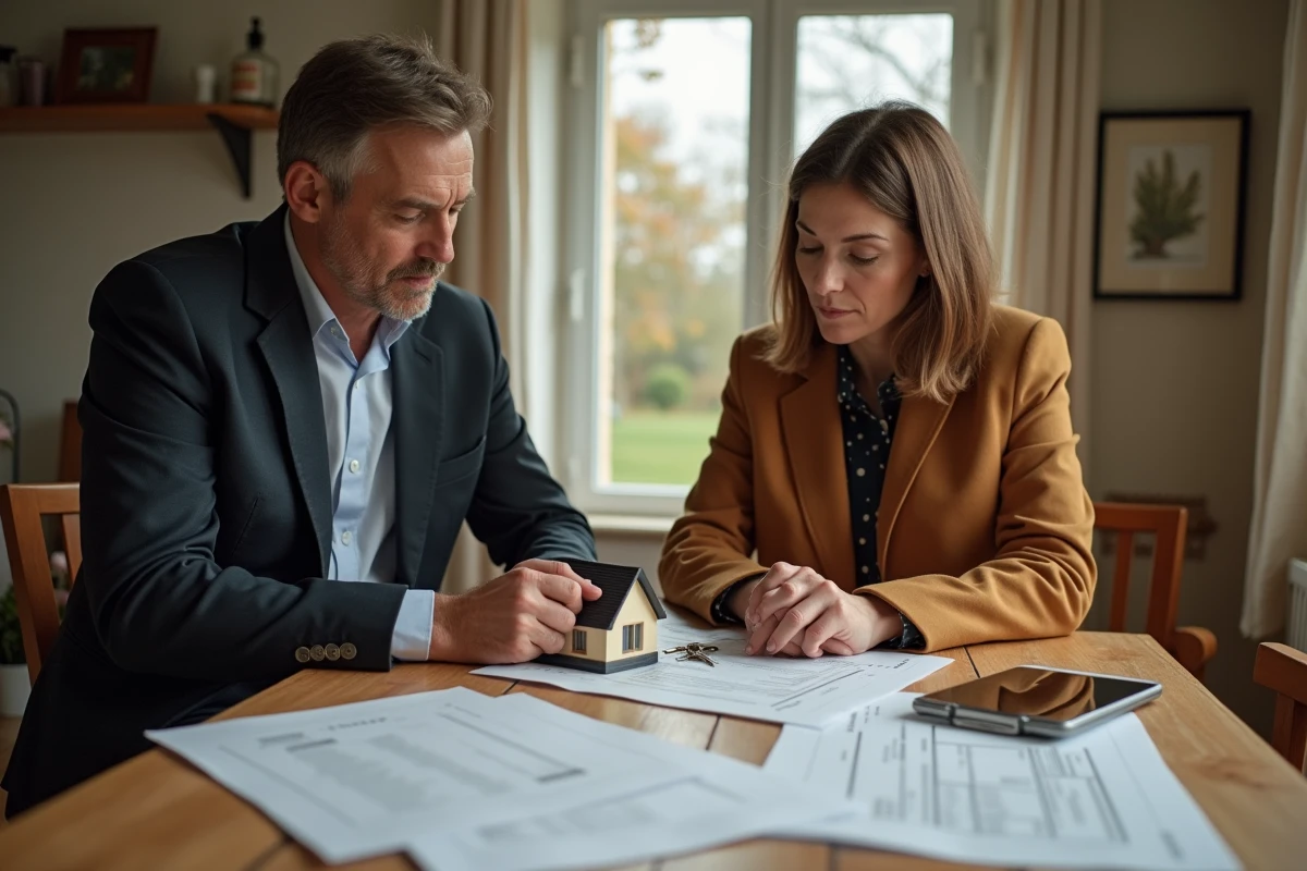 Couple en cours de procédure de divorce discutant de la vente urgente de leur maison dans l'Oise avec des documents immobiliers sur la table