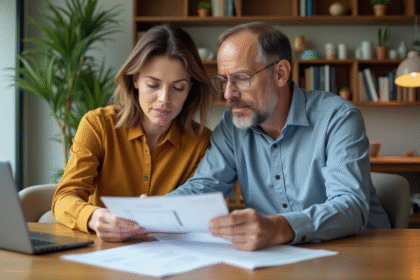 Couple d'adultes examinant des papiers immobiliers à la maison