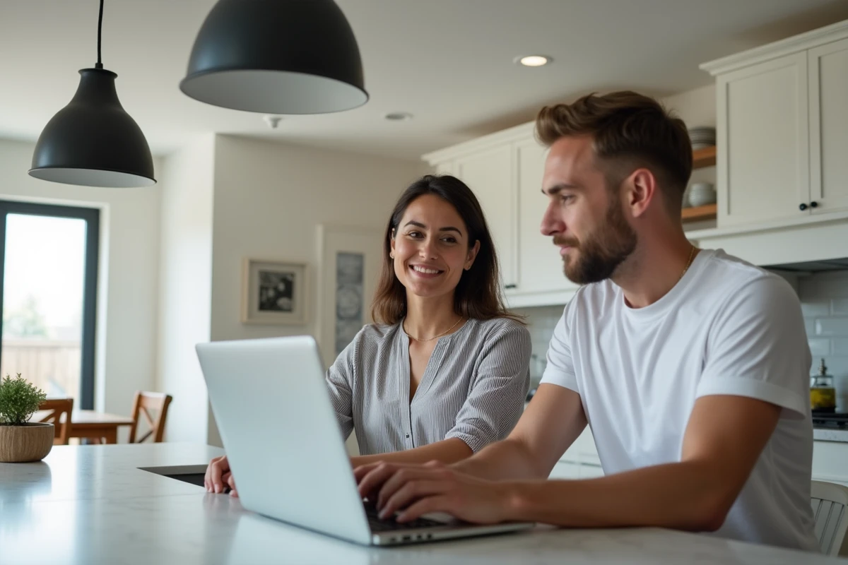 Couple de propriétaires gérant ensemble leurs biens immobiliers sur ordinateur dans une cuisine moderne ouverte