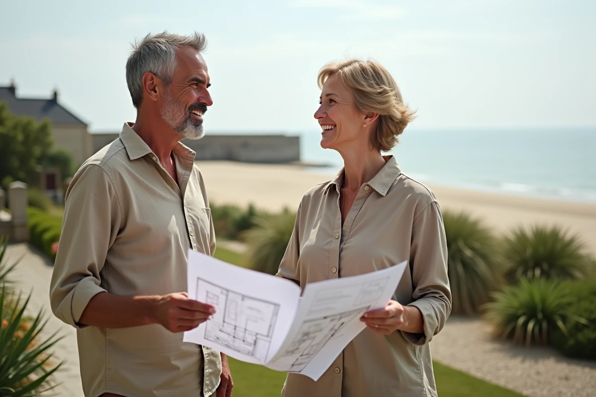 Couple visitant une maison à vendre en bord de mer en Normandie avec un projet d'investissement immobilier
