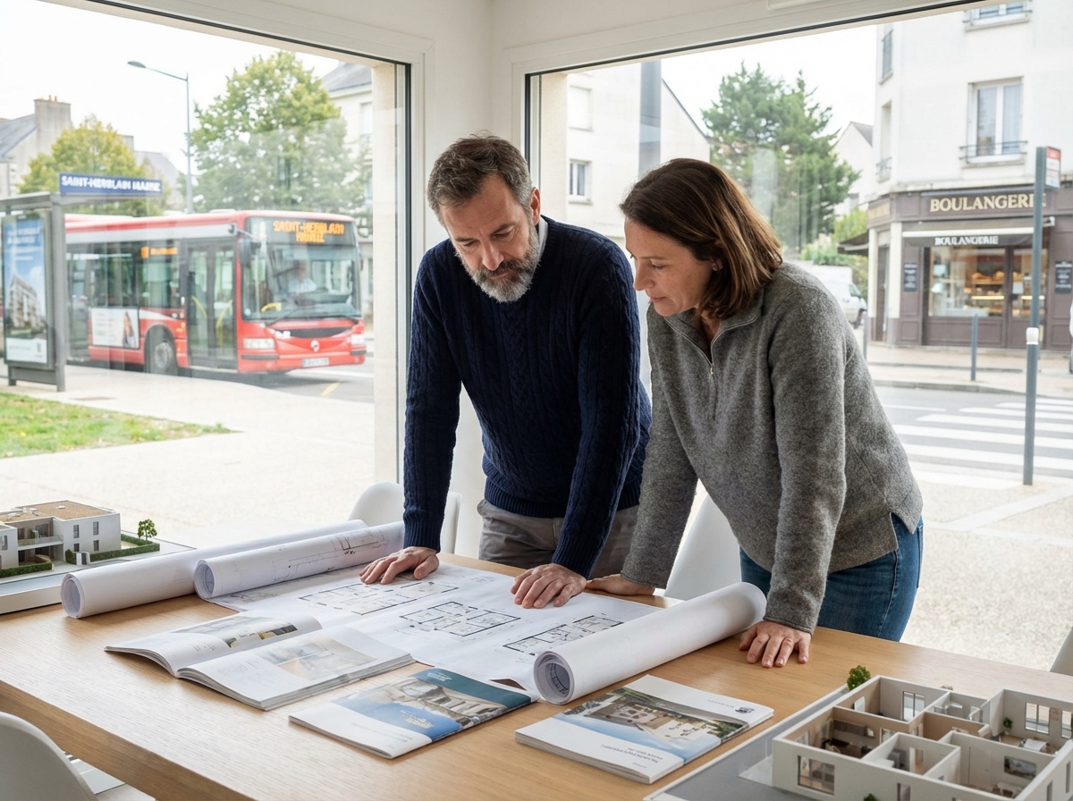 Couple discutant de plans d appartement dans un bureau moderne