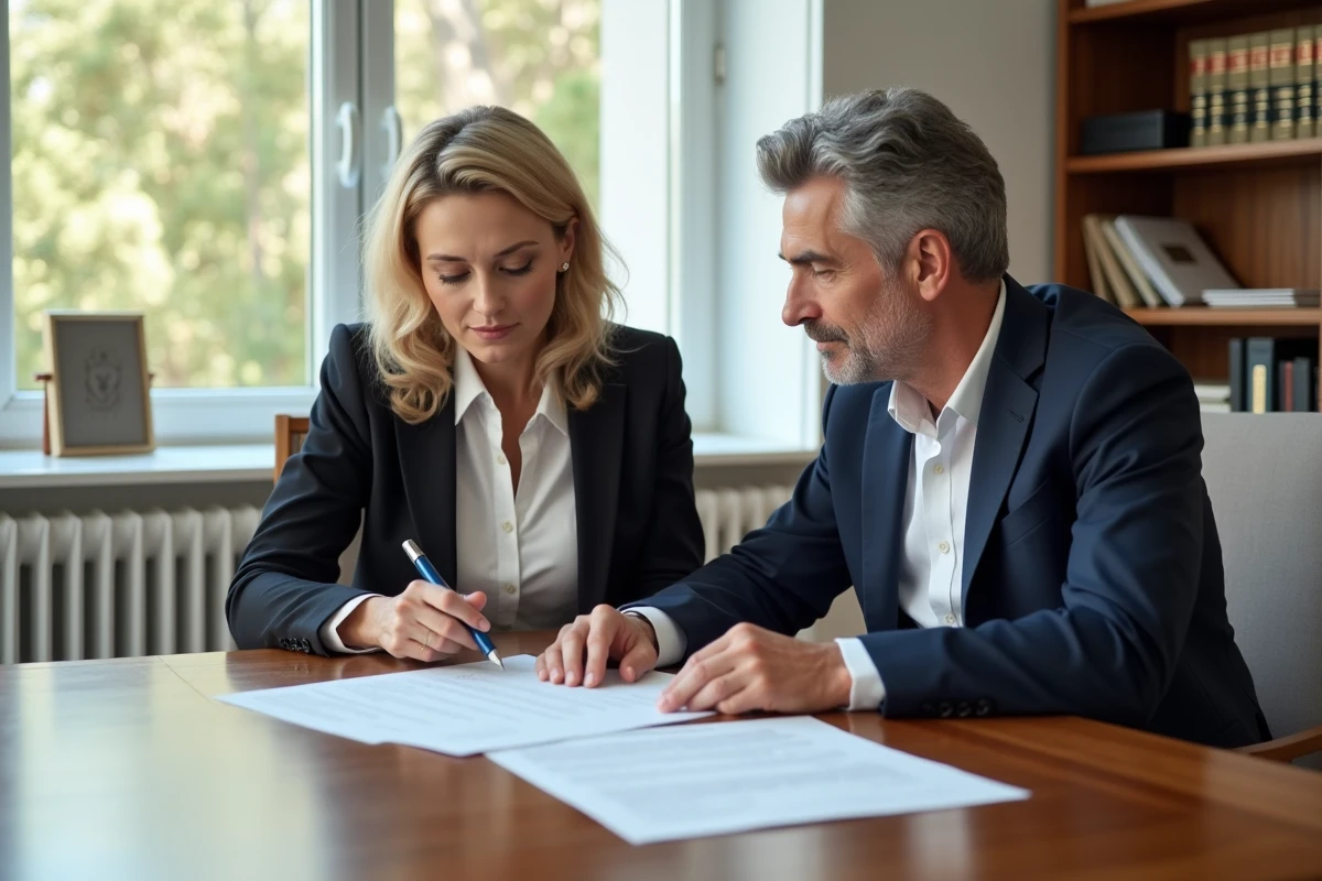 Couple d'adultes en réunion notaire avec documents immobiliers